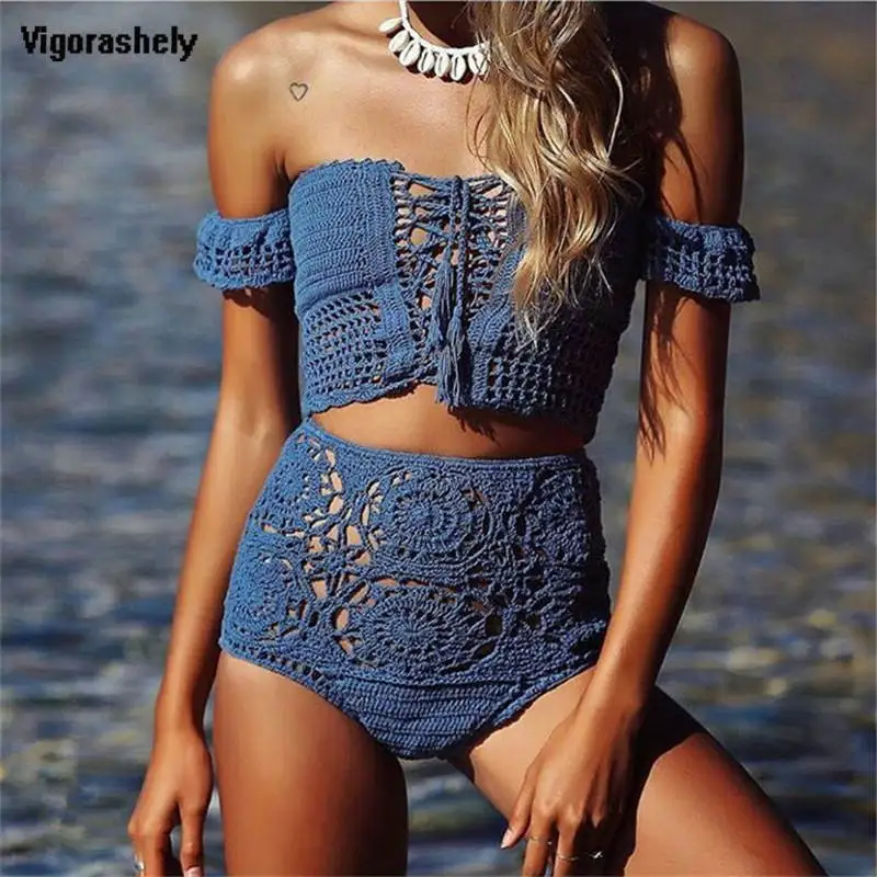 

Vigorashely 2018 Sexy High Waist Bikini Set Crochet Swimsuit Women Mesh Swimwear Bandeau Brazilian Bikini Bathing Suit Swim Wear