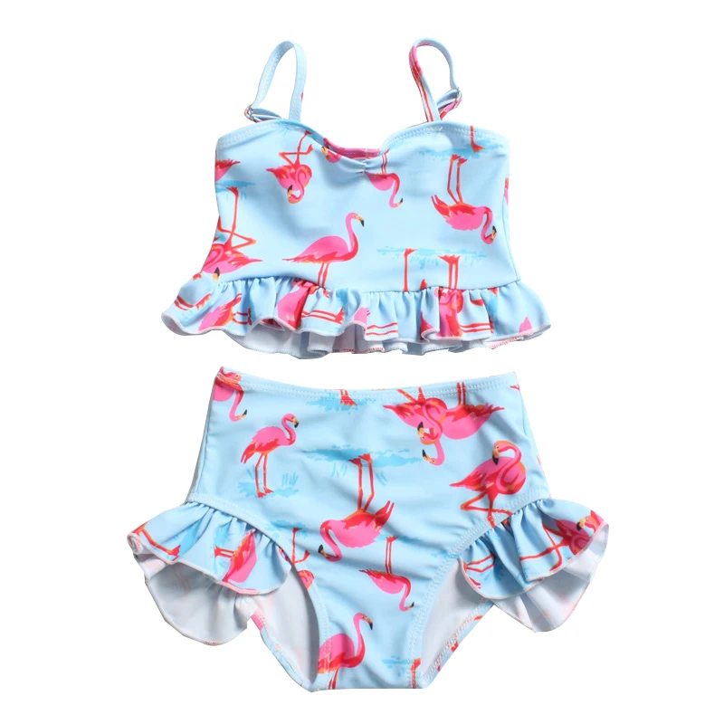 

Little Girl High Waist Bikini Sets Flamingos Print Children Swimwear Two-Piece Beach Wear 2019 Super Cute Ruffle Kids Swimwear