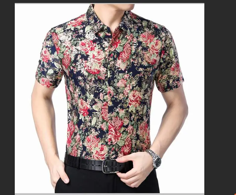 Новая летняя мужская рубашка с цветочным принтом, элегантная мужская рубашка с короткими рукавами и цветочным принтом - Цвет: Красный