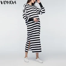 Vonda Беременность одежда 2018 для беременных Платья для женщин для Для женщин Повседневное свободные макси длинные Bawting рукава Разделение полосатый Средства ухода за кожей для будущих мам платье
