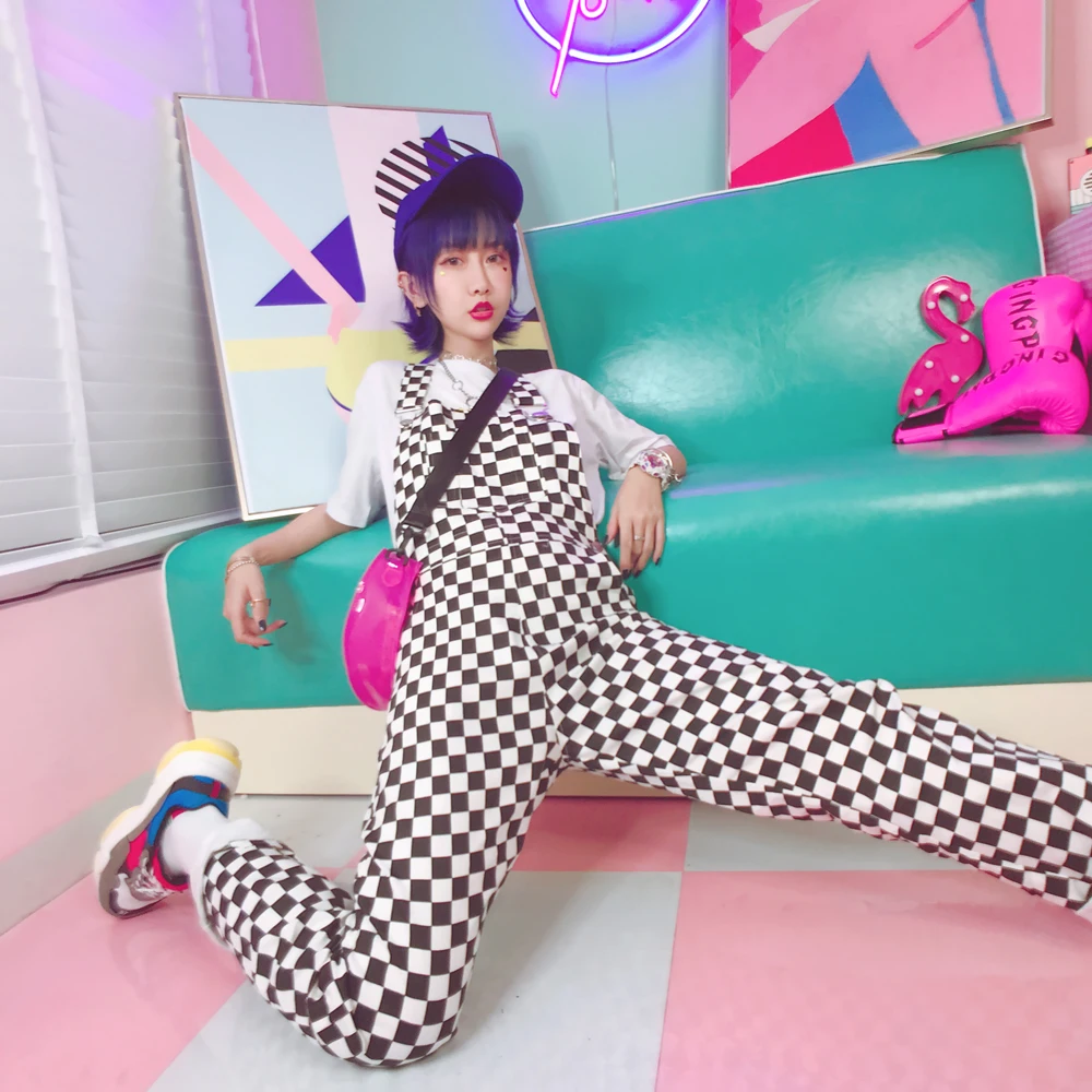 

Black and white lattice Harajuku students relax summer hip-hop strap pants