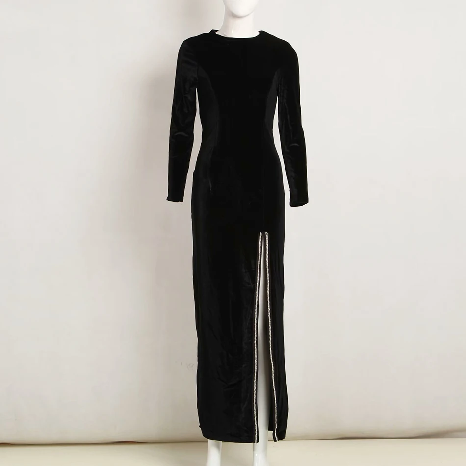 Зима, новое модное женское длинное вельветовое платье, сексуальное черное длинное Полосатое тонкое платье с бриллиантами, вечернее подиумное вечернее платье vestidos