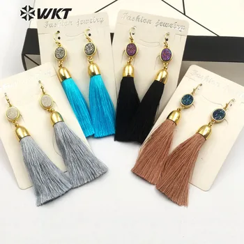 

WT-E167 Gold Trim Oval Shape Druzy Stone Pendant Inlay High Quality Long Tassel Earring Women Usual Dainty Fringe Drop Earring