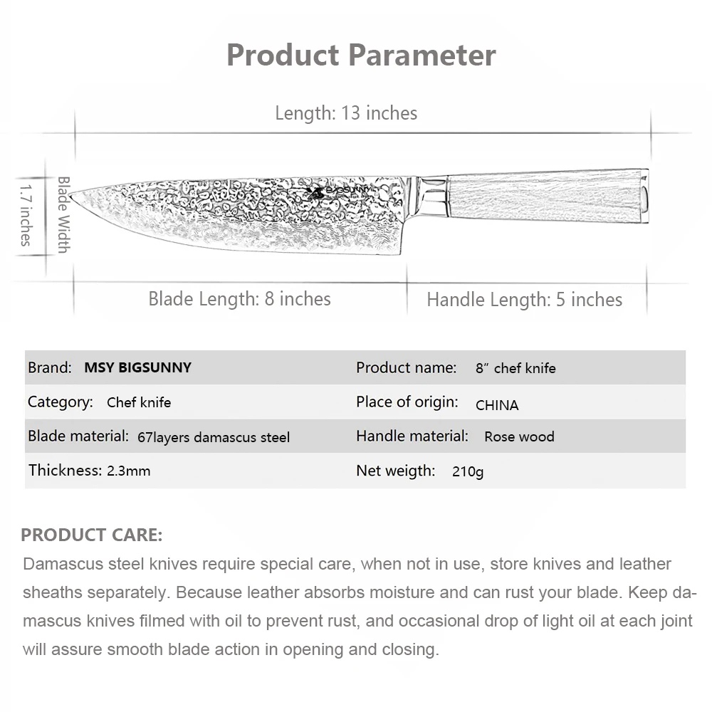 BIGSUNNY молотый нож шеф-повара-супер Дамасская сталь-8 дюймов нож для нарезки-ручка из розового дерева