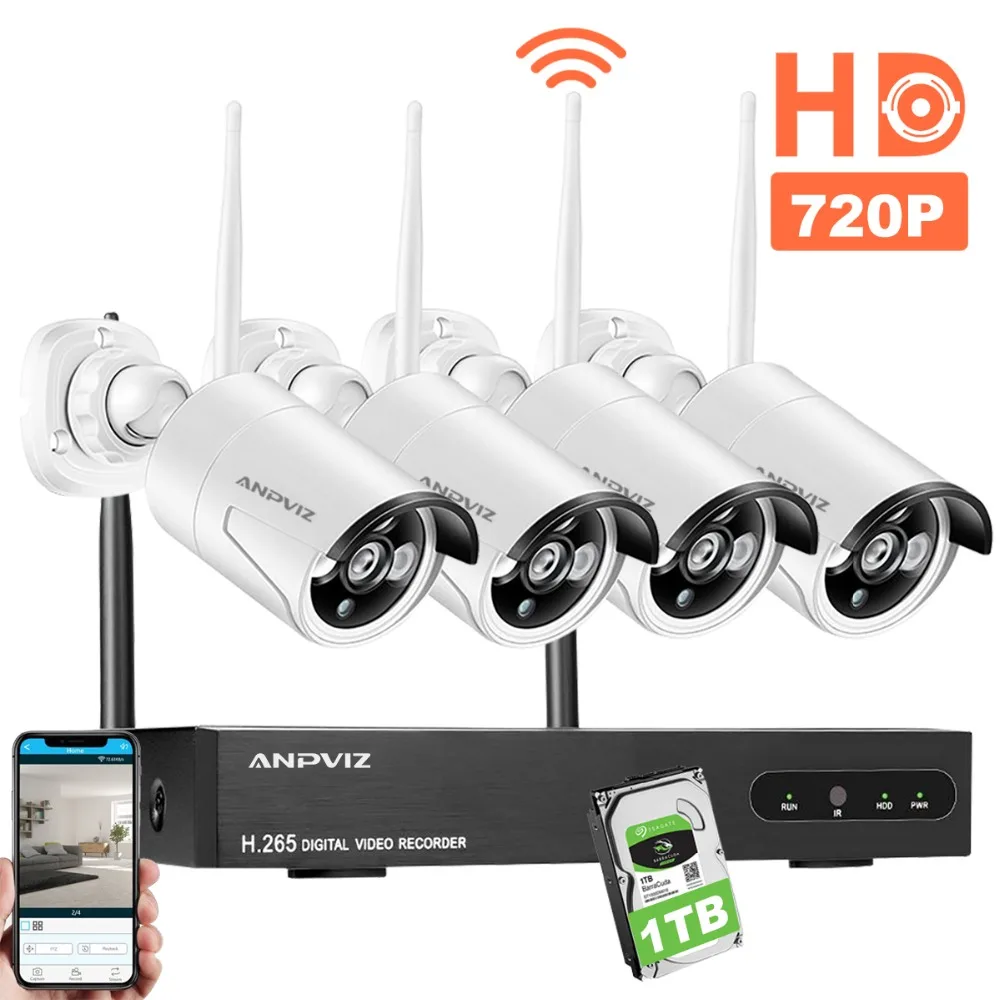 

Anpviz 1080P HD NVR Wireless Security CCTV Surveillance Systems 4CH WiFi NVR Kit Outdoor 2.0MP WiFi Bullet IP Camera 1TB HDD