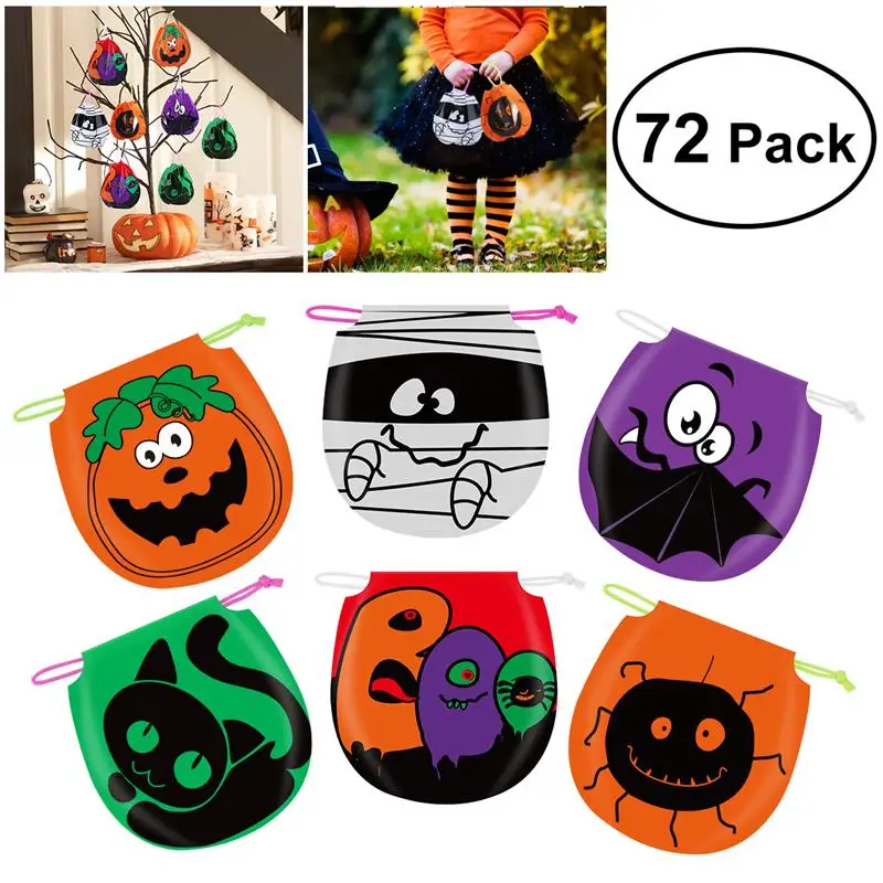 

72PCS Halloween Drawstring Goody Bags Gift Bag New Year Party Decor Candy Bag (12pcs for Each Pattern 6 Patterns)