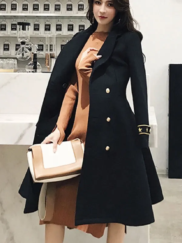 Black Swing Coat Military Winter Coat Double Breasted Buttons Stars