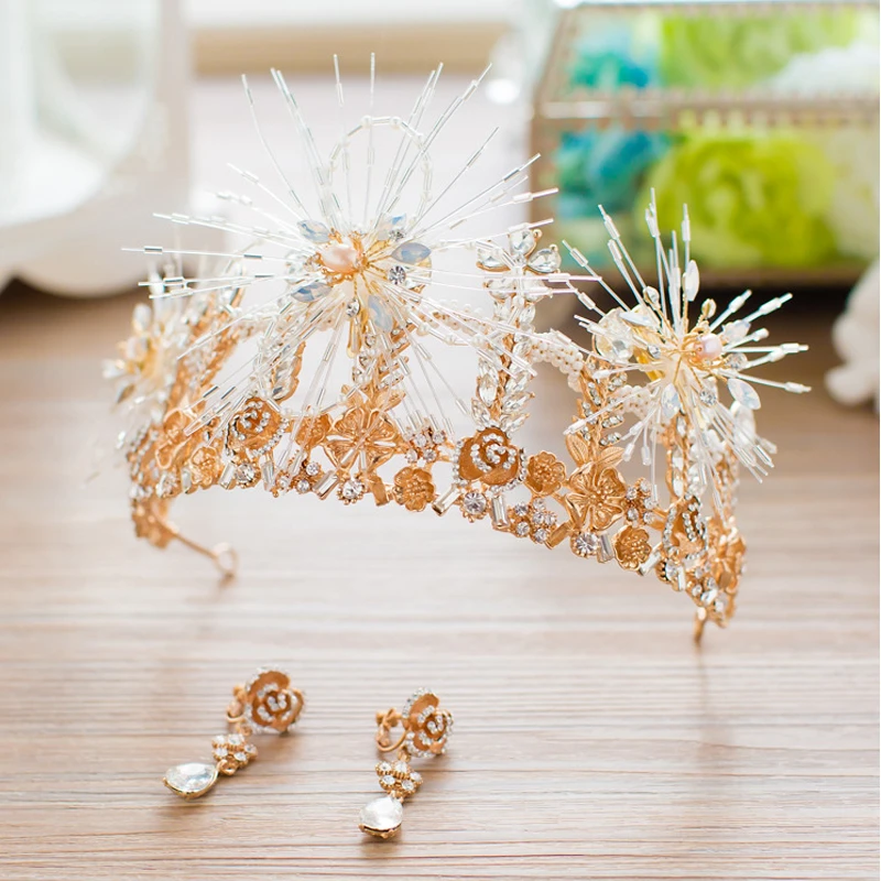 

SLBRIDAL Bride Tiaras and Crowns Gold Color Hair Crown Full Cystal Rhinestone Flower Large Queen Crown Wedding Hair Jewelry