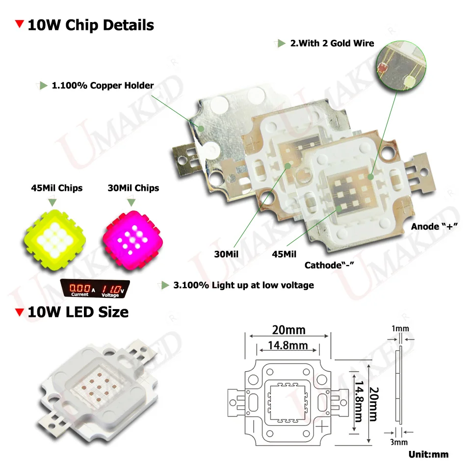 UMAKED High Power LED Chips 1W 3W 5W 10W 20W 30W 50W 100W Bulb SMD COB Diode Red 620-625nm Deep Red 660nm for Grow Lights Source
