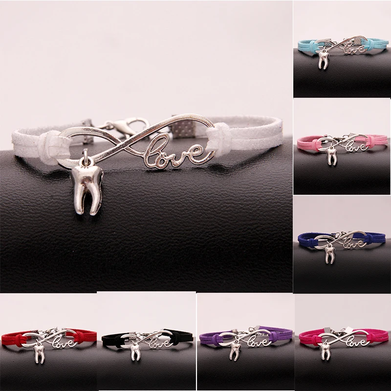 

(10Pcs/Lot) Infinity Love tooth charm braided bracelet & bangles wrap rope wristband career Dentist gift jewelry 8colors