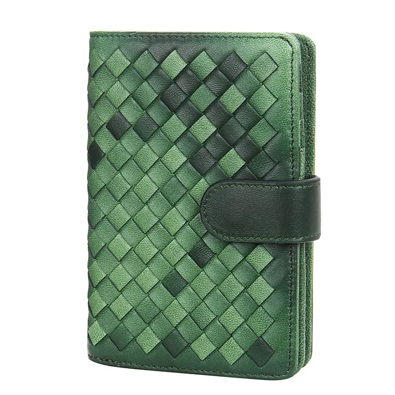 Классический бренд, Женский кошелек из натуральной овечьей кожи, короткий дизайн, сумка для денег, Женский тканый кошелек на молнии вокруг, держатель для карт - Цвет: Зеленый