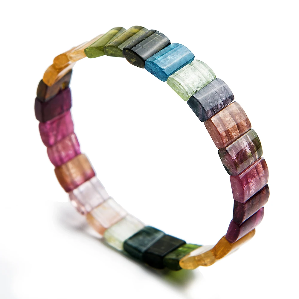 

Genuine Natural Rainbow Tourmaline Colorful Gemstone Clear Beads Bracelets Women 10x4mm Crystal Rectangle Bead Bangle AAAAA