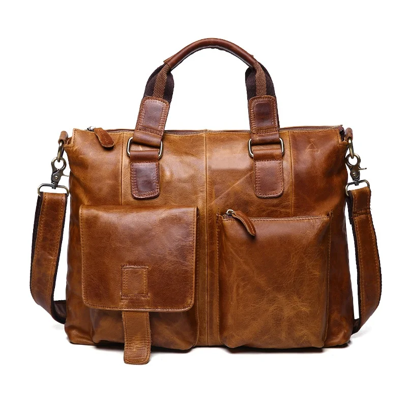 

Crazy horse genuine leather shoulder laptop bags 14" high quality retro mens portfolios briefcase handbags men business bag