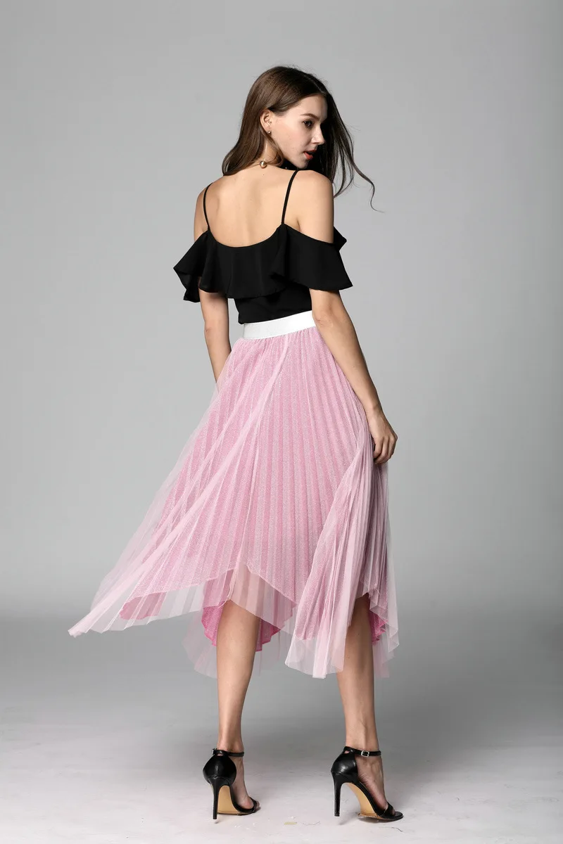 Длинная юбка весенне-летняя юбка новая юбка феи с вуалью Асимметричная плиссированная юбка яркие шелковые юбки