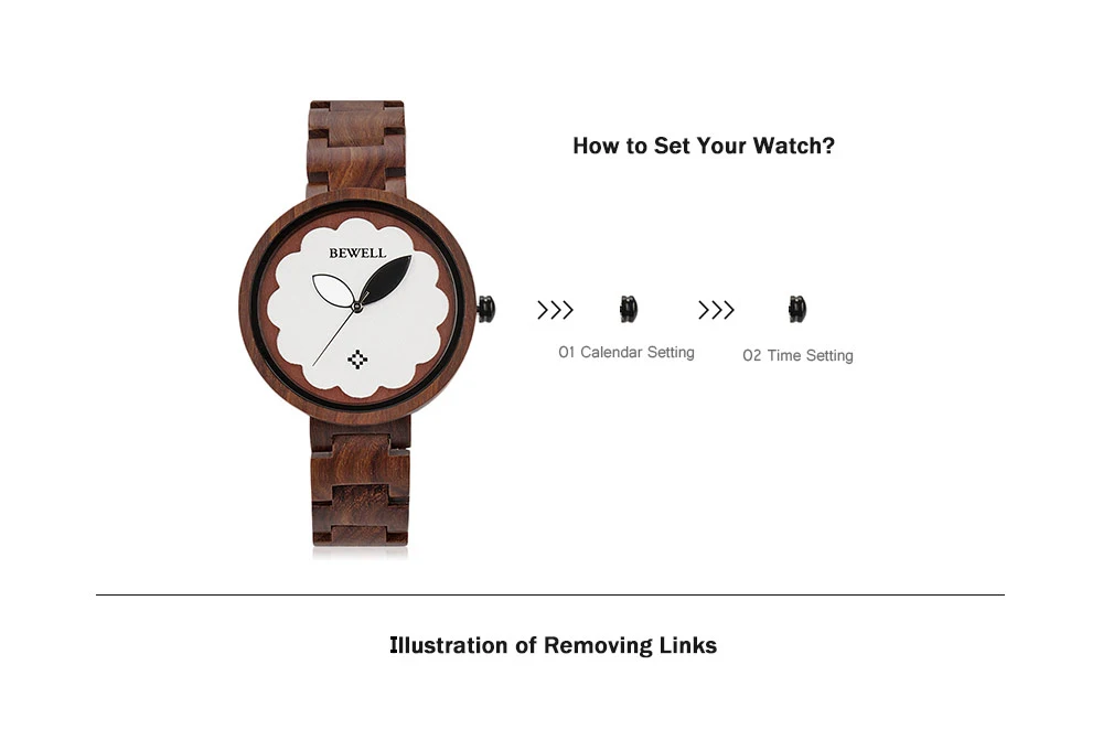BEWELL ZS - W152A Female Wooden Watch Bloom Dial Leaf Luminous Pointer Natural Wristwatch for Women
