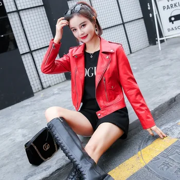 

New Arrival brand Winter Autumn Motorcycle leather jackets Women's red leather jacket women leather coat slim PU jacket Leather