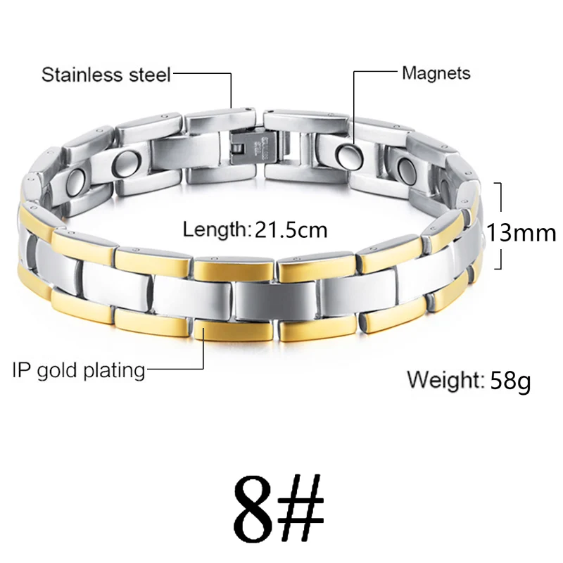 Золотой Серебряный цвет Магнитный браслет для мужчин нержавеющая сталь Энергия магнит из Германия Здоровье Браслеты Женщины цепочка на руку - Окраска металла: 8