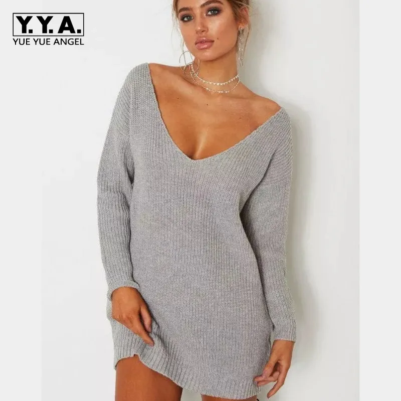 

Sexy V Neck Womens Long Sweater Pullover Slim Fit Knitted Casual Night Club Female Tops Long Sleeved Autumn Winter Streetwear