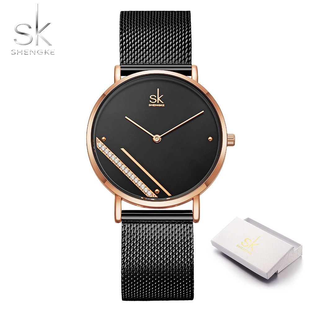 Shengke Rosegold Роскошные сетчатые женские часы Кристалл циферблат Reloj Mujer элегантные Кварцевые женские наручные часы Креативный Montre Femme - Цвет: black with box