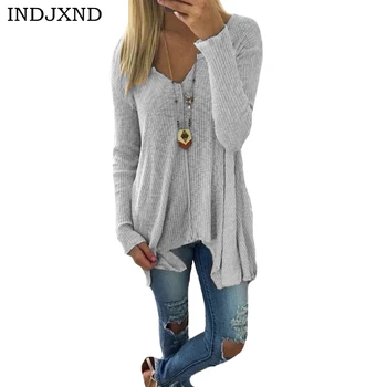

INDJXND Spring Autumn Cashmere Sweaters Women Fashion Sexy V-neck Sweater Loose Irregular Sweater Long Sleeve Plus Size Pullover