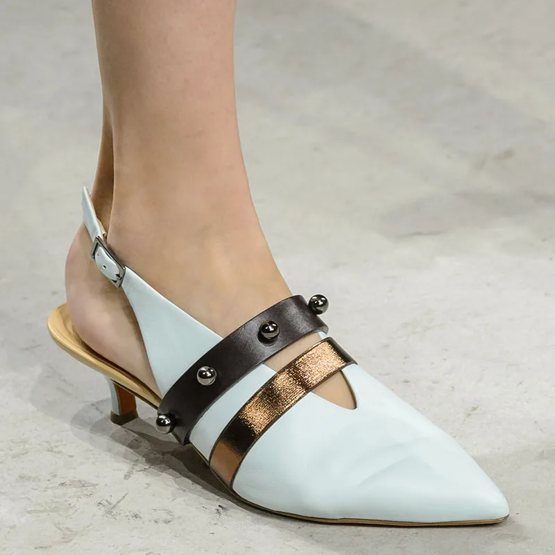 

Rivet Studded Back Strap Women Pumps Genuine Leather Buckle Kitten Heels Runway Shoes Mix Color Snakeskin Sexy Ladies Mules