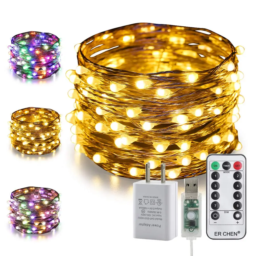 33 фута 100 LED Изменение цвета USB гирлянда 8 режимов Серебряный провод и медный
