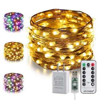 

33Ft 100 LED Color Changing USB String Lights 8 Modes Silver wire &Copper Wire Fairy Lights with Remote&Timer+US/EU USB Adapter