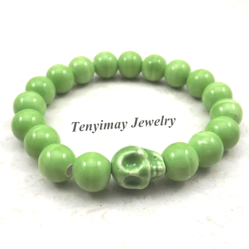 Green Skull Charm Bracelets 10mm Ceramic Beaded Elastic For Halloween Promotion 12pcs Wholesale | Украшения и аксессуары