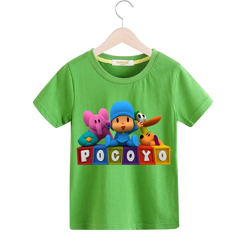 Милые детские хлопчатобумажные летние футболки для мальчиков и девочек 3D забавные Pocoyo принт футболки, топы, одежда детская белая футболка детская одежда TX074 - Цвет: Green
