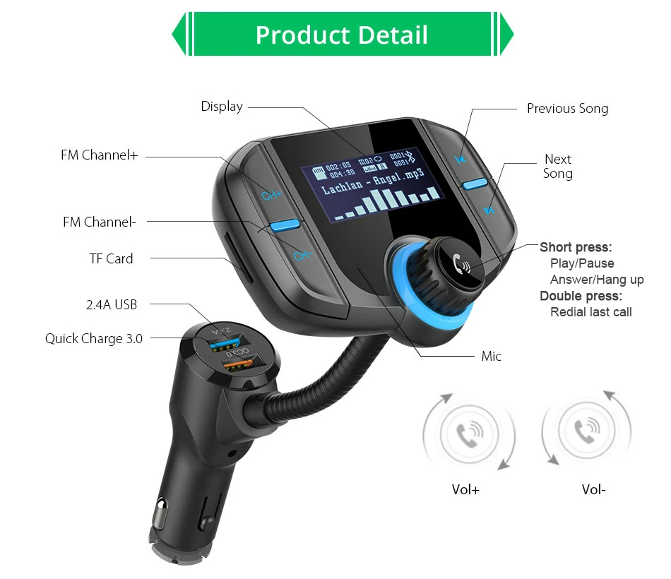 JINSERTA Bluetooth FM передатчик аудио автомобильный Mp3 плеер Беспроводной InCar FM модулятор Handsfree Car комплект QC3.0 Поддержка TF USB AUX