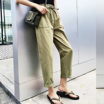

New Streetwear Cargo High Waist Lady Solid Pockets Pants Women Casual Joggers Black Elastic Loose Female Trousers Korean Style