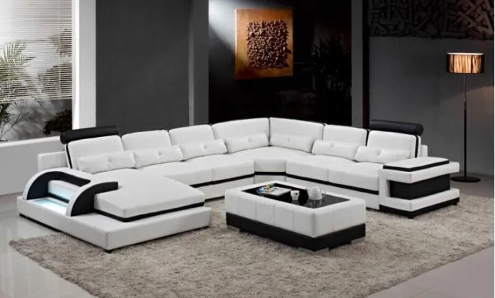 Sofa set living room furniture leather sofa with u shaped corner sofa design Led lighting