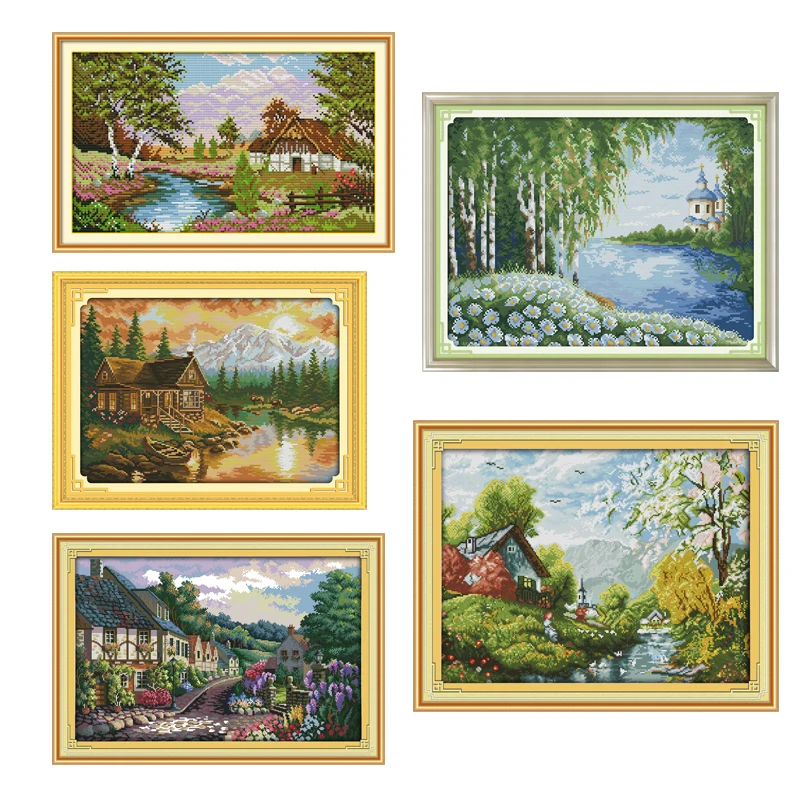

New Joy Sunday Needlework DMC Cross Stitch Sets For Embroidery Kits 11 14CT Landscape Sunset Cotton Thread Painting Needlework
