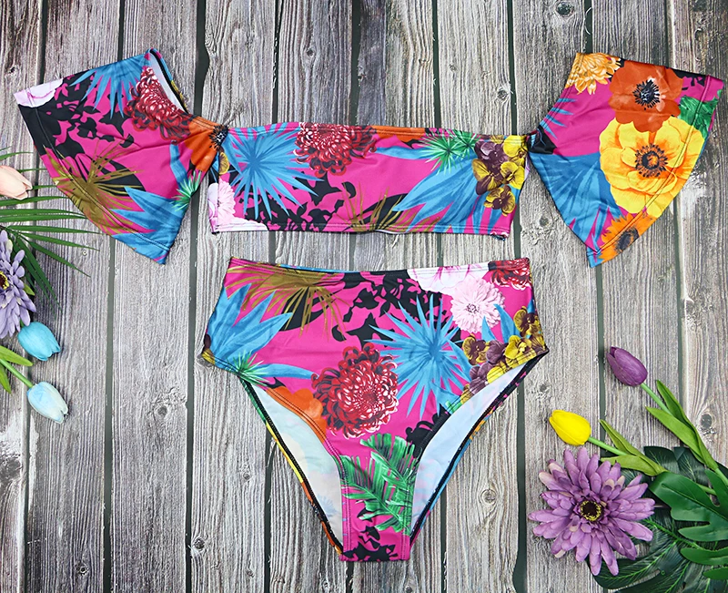 

girl bikinis set 2020 high waist Brazilian swimwear beachwear women swimsuit sexy sleeves off shoulder green wire free purple