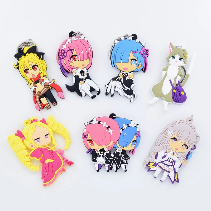 Cute RE Zero Keychain PVC Ram/Rem Keyring Double Sided Anime Key Chain