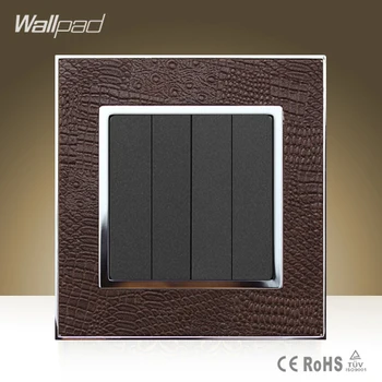 

New Arrival Wallpad Modula 4 Gang 2 Way Goats Brown Leather 110V-250V Double Control 4 Gang Push Button Switch Free Shipping