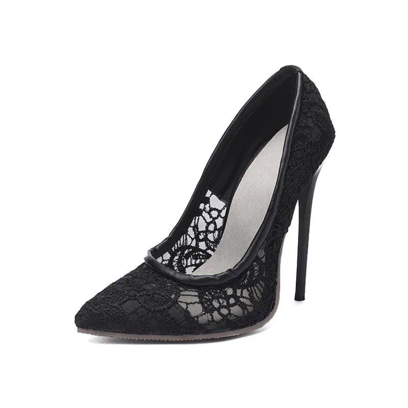 Г. Весенние модные женские туфли-лодочки размера плюс 48 пикантные открытые дышащие женские свадебные туфли на высоком каблуке 12 см с вырезами и кружевом - Цвет: Черный