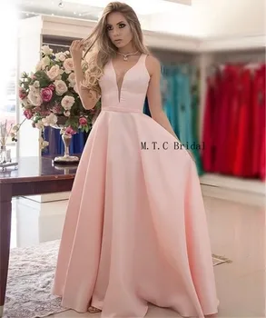 

High Quality Pink Long Dresses Prom 2019 V Neck A Line Floor Length Elegant Formal Evening Gowns Cheap Wedding Party Dress
