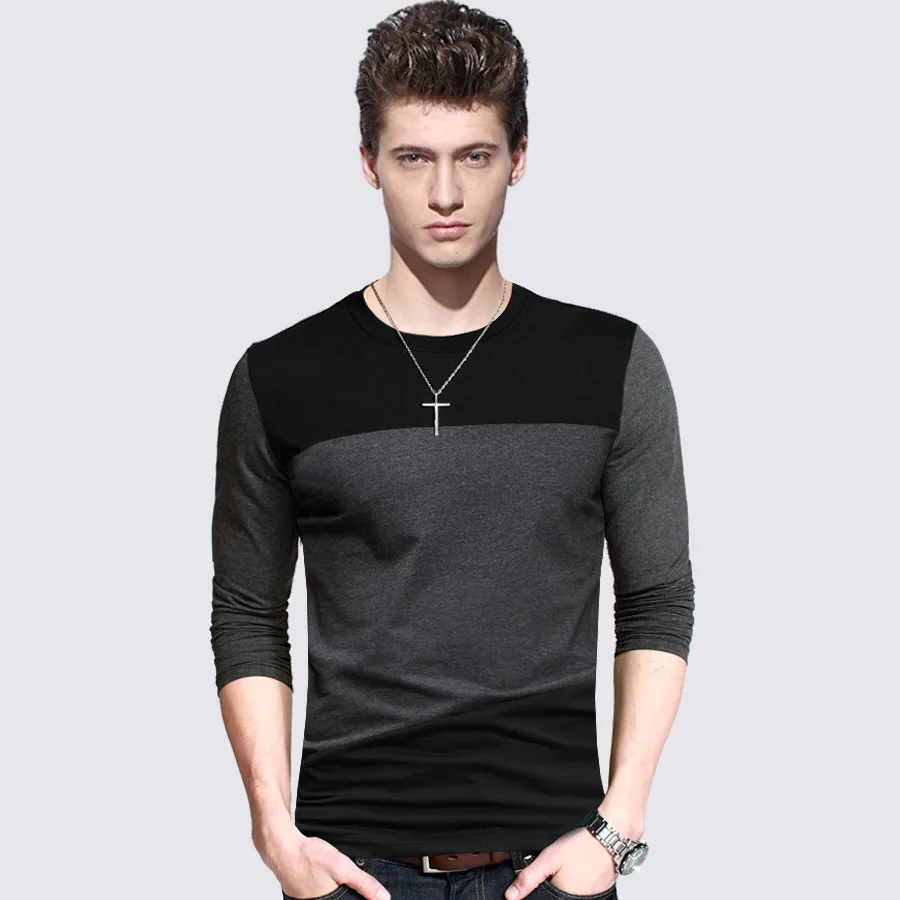 Cotton t shirt Spring Fashion mens T-shirt homme men's long sleeved O-neck patchwork color casual T-shirts size M-5XL | Мужская