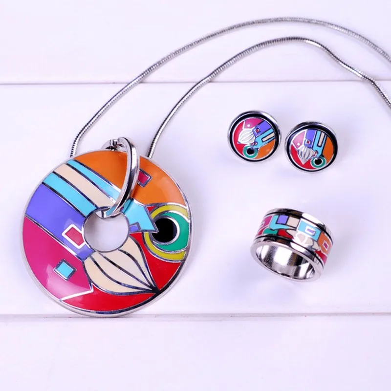 Большая Акция 4 цвета красочные комплекты покрытых эмалью ювелирных изделий(Цепочки и ожерелья, серьги, кольцо, 1 компл./упак