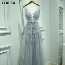 Sexy V-neck Evening Dress Robe De Soiree 2020 High Quality Gray Tulle With Appliques Evening Dresses Long Dress Vestido De Festa