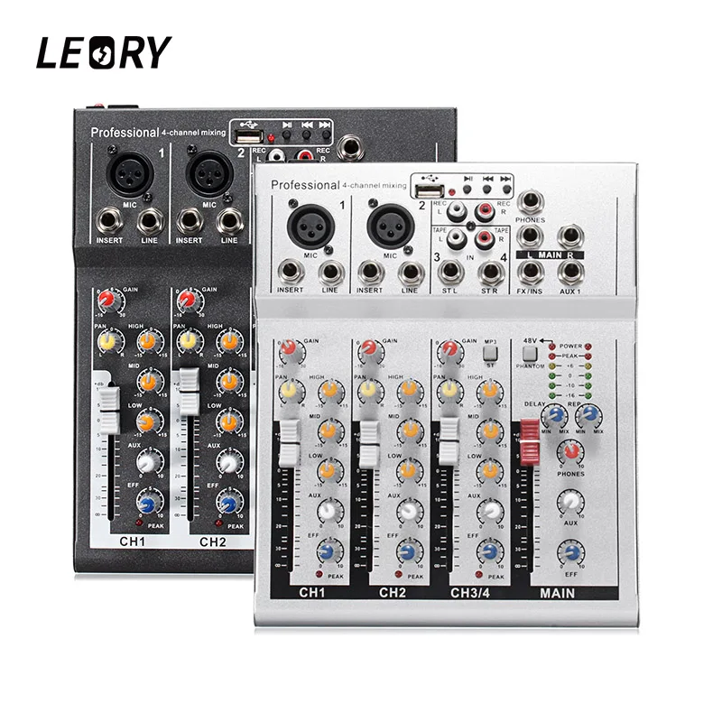 LEORY Mini 4 Channel Karaoke Microphone Amplifier Mixing Console Digital Audio Sound Mixer With USB Built-in 48V Phantom Power