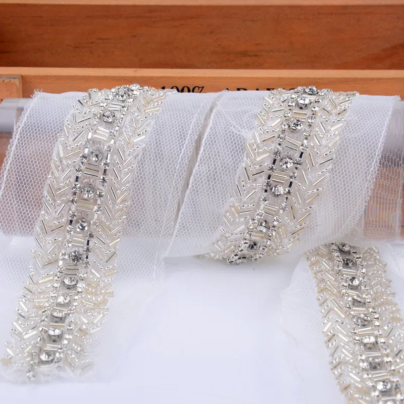 

2 Yard/Lot Beaded Lace Applique Rhinestones Trim Lace Fabric 2018 High Quality Sewing Accessories Diy Wedding Chain Free Ship