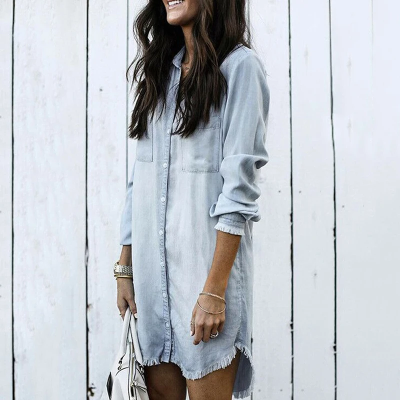 Women V Neck Tassel Denim Shirts Casual Long Sleeve Blouse Top Ladies Tunic Shirt Long Fashion Tops 3 Colors