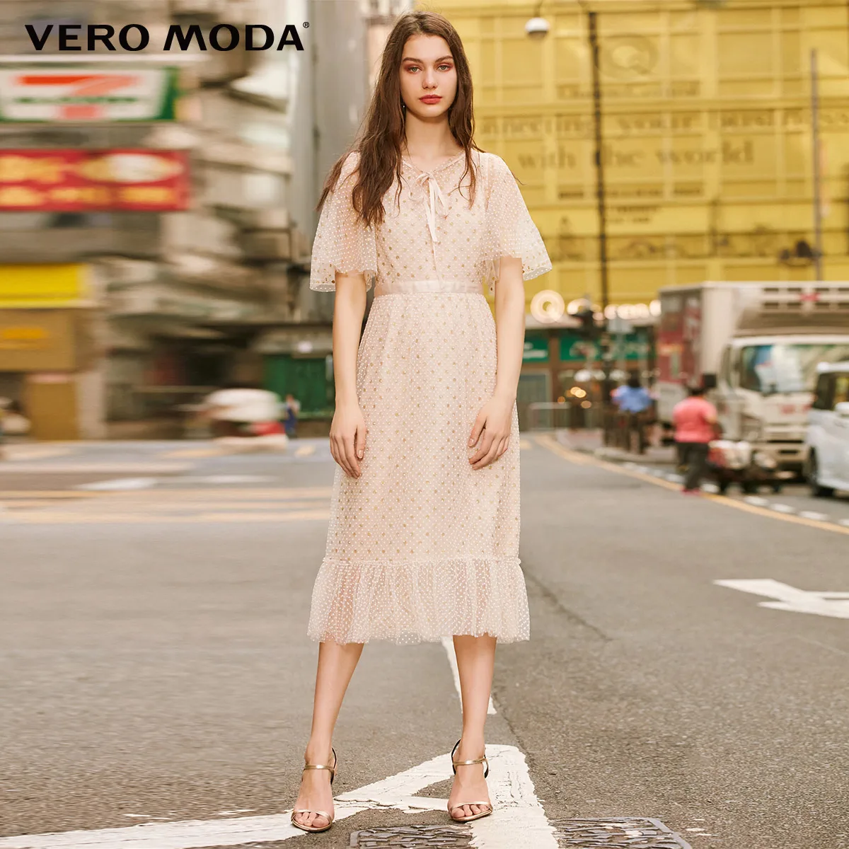 Vero Moda женское винтажное флокированное ажурное платье в горошек | 31916Z509 - Цвет: Pink tint