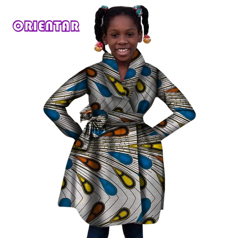 

2019 Kids African Coat Dresses African Printed Long Sleeve Trench Coat Outwear Dress with Belt Birthday Party Bazin Riche WYT311
