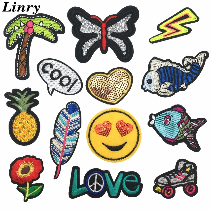 

Cartoon Fish Embroidered Patch Iron On Sequins Heart Patches DIY Clothes Trousers Bags Apparel Accessories For Stripes Stickers