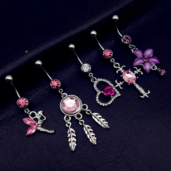

5pcs 2019 mix style pink angel dream catcher cross rose flower dangle navel belly bar button rings body piercing jewelry