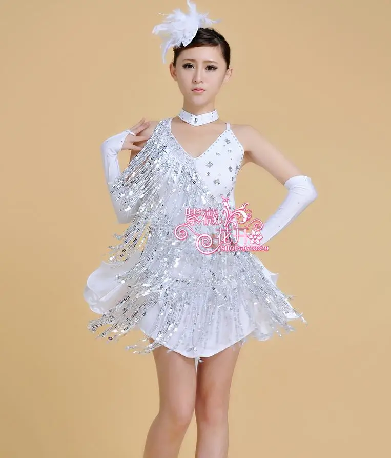 White Latin dance costume senior sexy sequins tassel latin dance dress