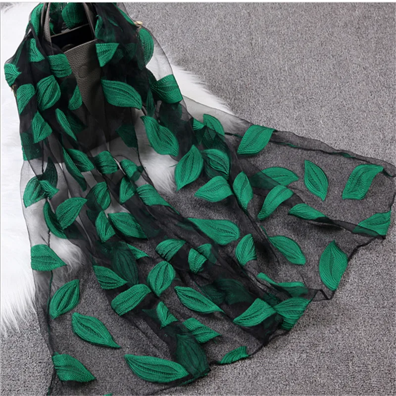 Silk Women's Scarf Leaves And Flower Pattern Long Shawl Scarves Spring Autumn High-Quality Organza Lady Elegant Hijab Wraps |